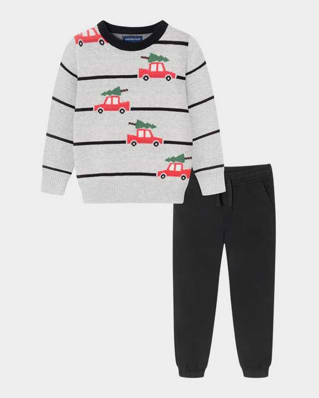 Boy's Striped Holiday Sweater W/ Twill Pants Set, Size 2T-8